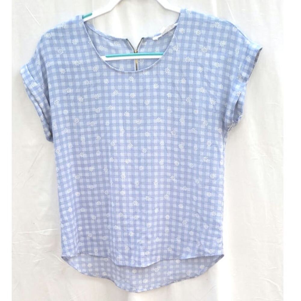 Pink Rose Blue White Checkered Blouse Size Small